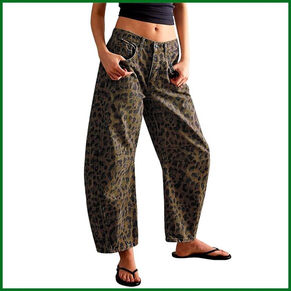 Denim - Stretchy Mid Rise Barrel Jeans Vintage Loose Wide Leg Cropped Denim Pants